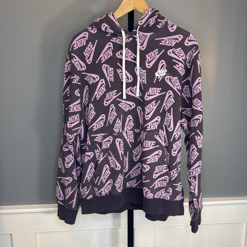 Nike Sportswear All Over Logo‎ Print Hoodie Purple Pink Fleece Pullover Large